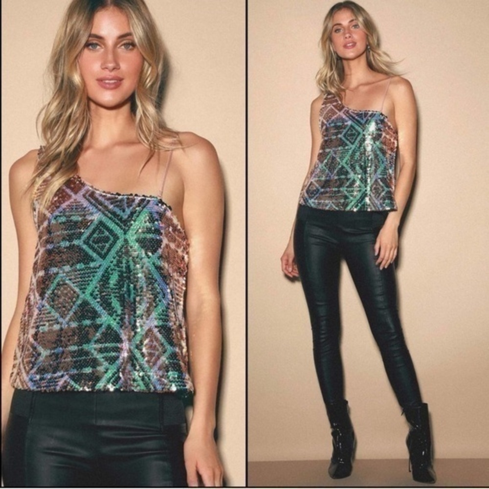 Free People Disco Fever Sequin One Shoulder Top Rose Gold Iridescent